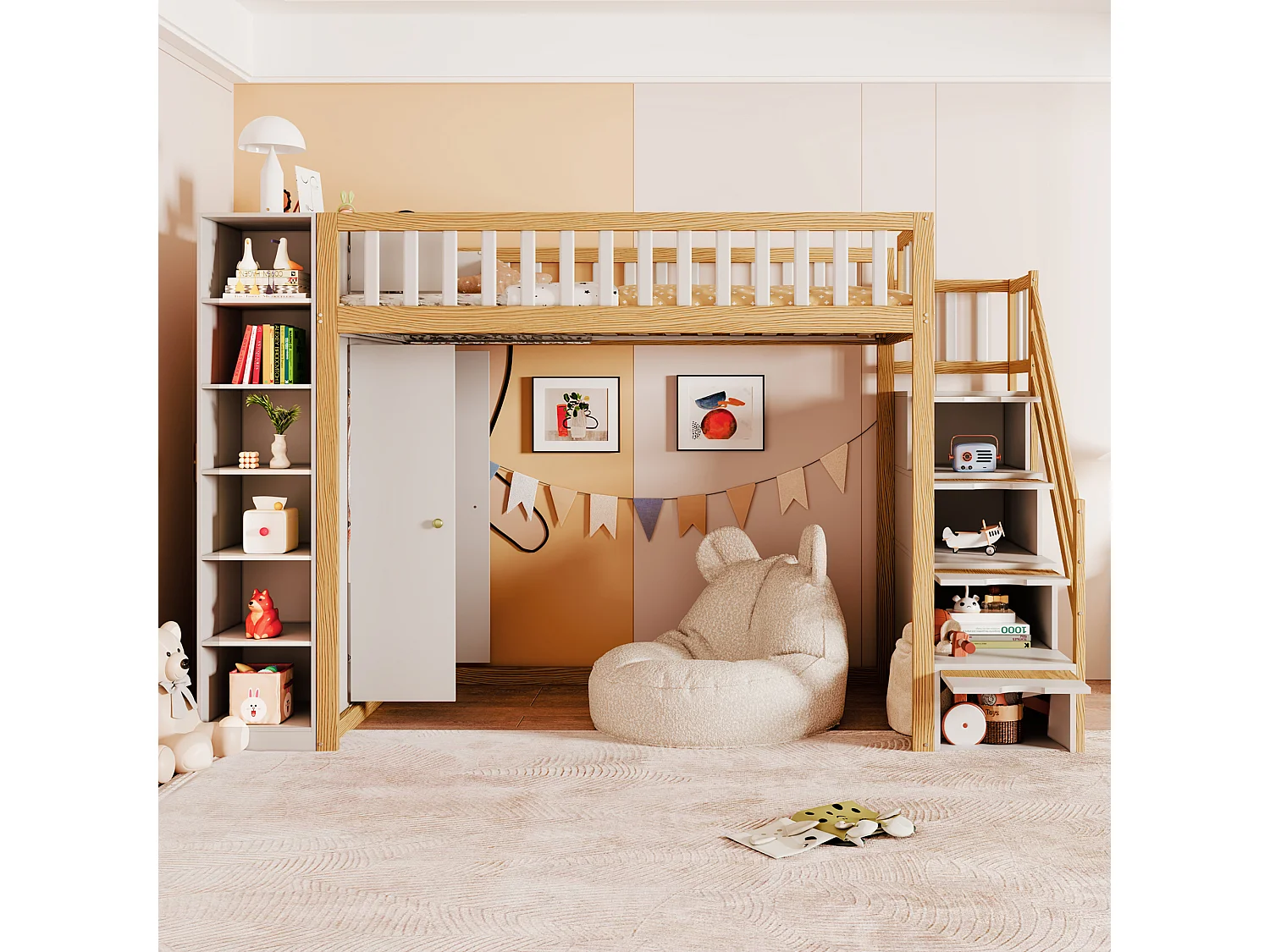 Lit mezzanine 90 x 200 cm avec armoire, étagères et compartiments - Bois de pin + contreplaqué + MDF - Blanc et bois naturel