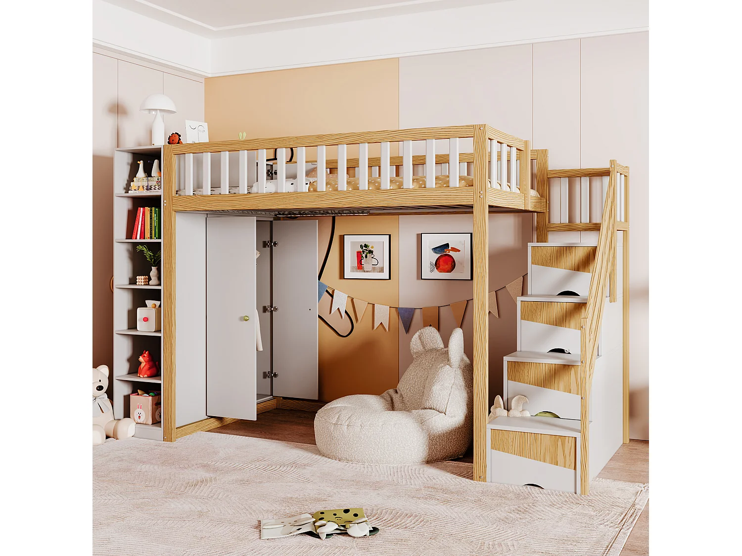 Lit mezzanine 90 x 200 cm avec armoire, étagères et compartiments - Bois de pin + contreplaqué + MDF - Blanc et bois naturel