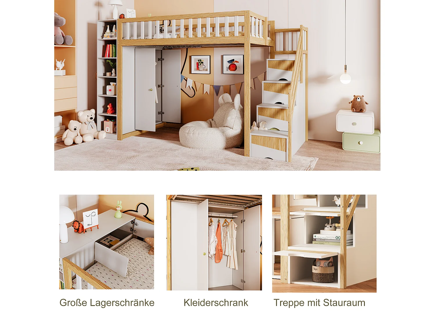 Lit mezzanine 90 x 200 cm avec armoire, étagères et compartiments - Bois de pin + contreplaqué + MDF - Blanc et bois naturel