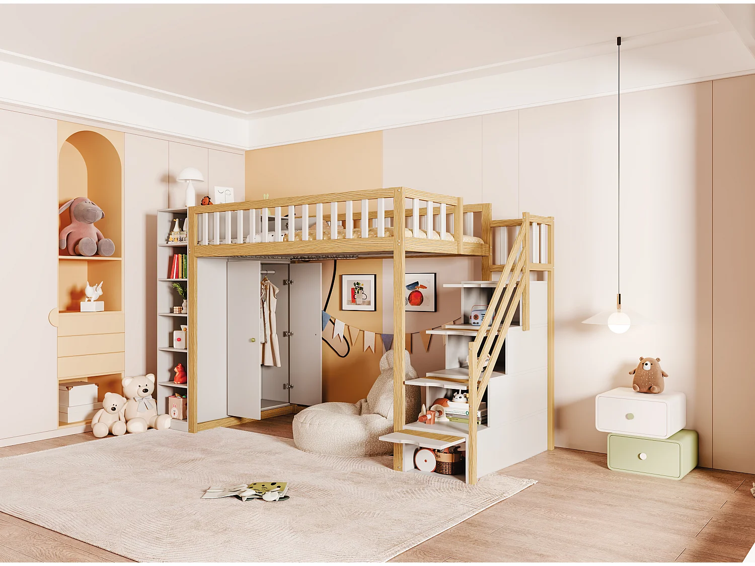 Lit mezzanine 90 x 200 cm avec armoire, étagères et compartiments - Bois de pin + contreplaqué + MDF - Blanc et bois naturel