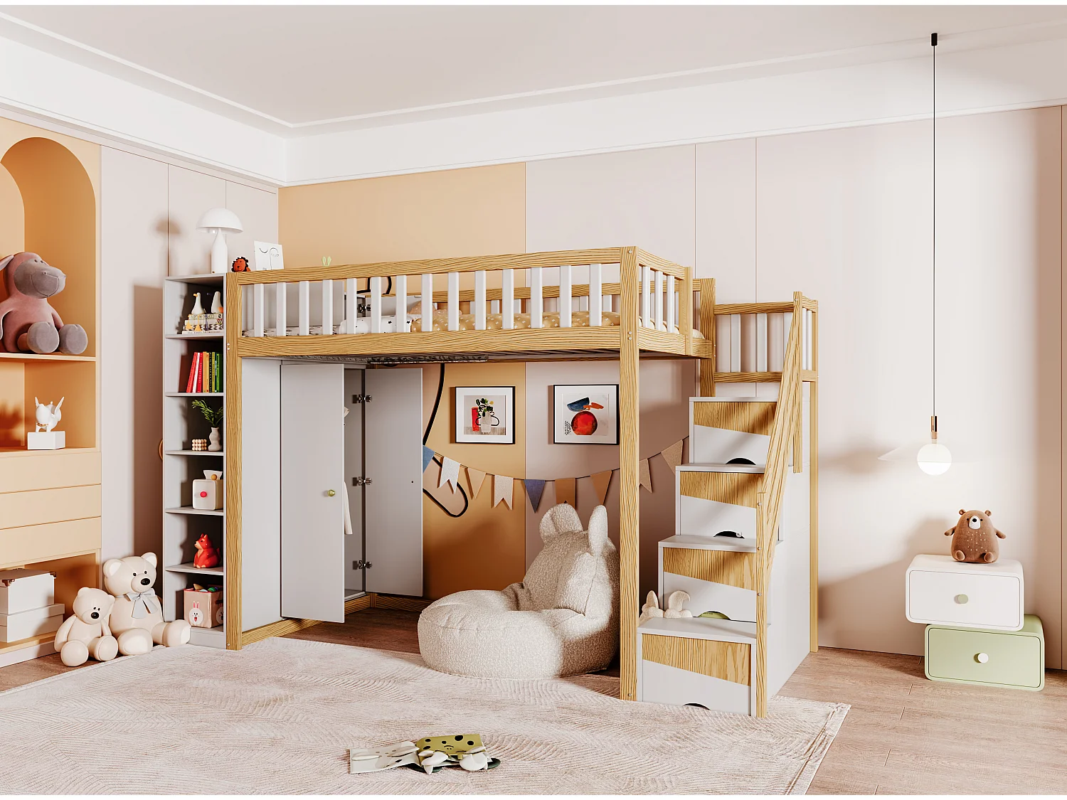 Lit mezzanine 90 x 200 cm avec armoire, étagères et compartiments - Bois de pin + contreplaqué + MDF - Blanc et bois naturel