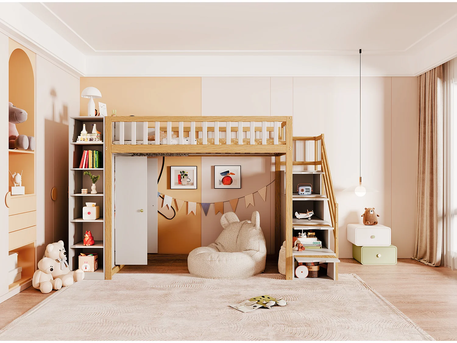 Lit mezzanine 90 x 200 cm avec armoire, étagères et compartiments - Bois de pin + contreplaqué + MDF - Blanc et bois naturel