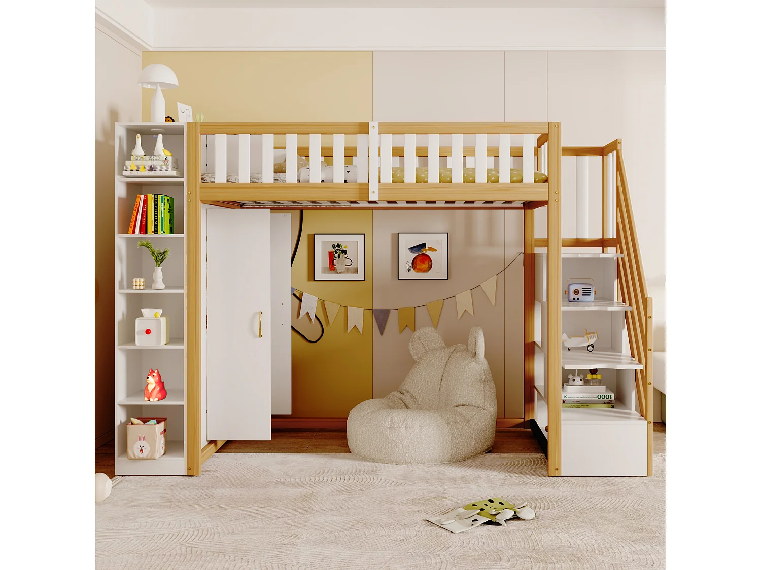 Hochbett 90 x 200 cm mit Kleiderschrank, Regalen und Fächern – Kiefernholz + Sperrholz + MDF – Weiß und Naturholz