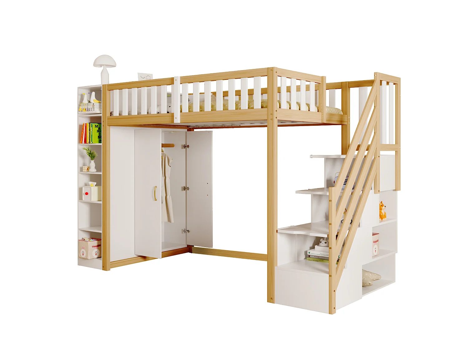 Hochbett 90 x 200 cm mit Kleiderschrank, Regalen und Fächern – Kiefernholz + Sperrholz + MDF – Weiß und Naturholz