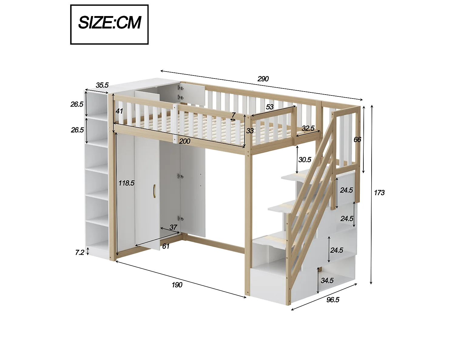 Hochbett 90 x 200 cm mit Kleiderschrank, Regalen und Fächern – Kiefernholz + Sperrholz + MDF – Weiß und Naturholz