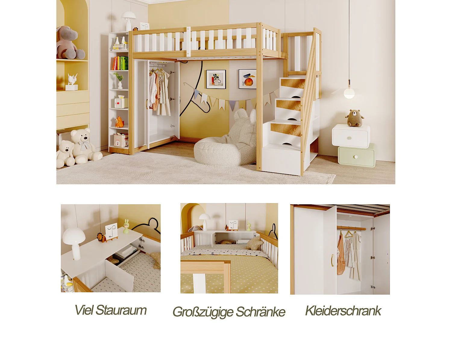 Hochbett 90 x 200 cm mit Kleiderschrank, Regalen und Fächern – Kiefernholz + Sperrholz + MDF – Weiß und Naturholz