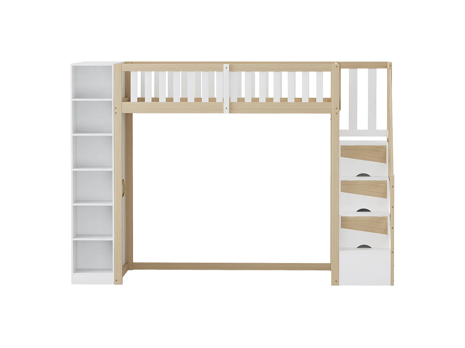 Hochbett 90 x 200 cm mit Kleiderschrank, Regalen und Fächern – Kiefernholz + Sperrholz + MDF – Weiß und Naturholz