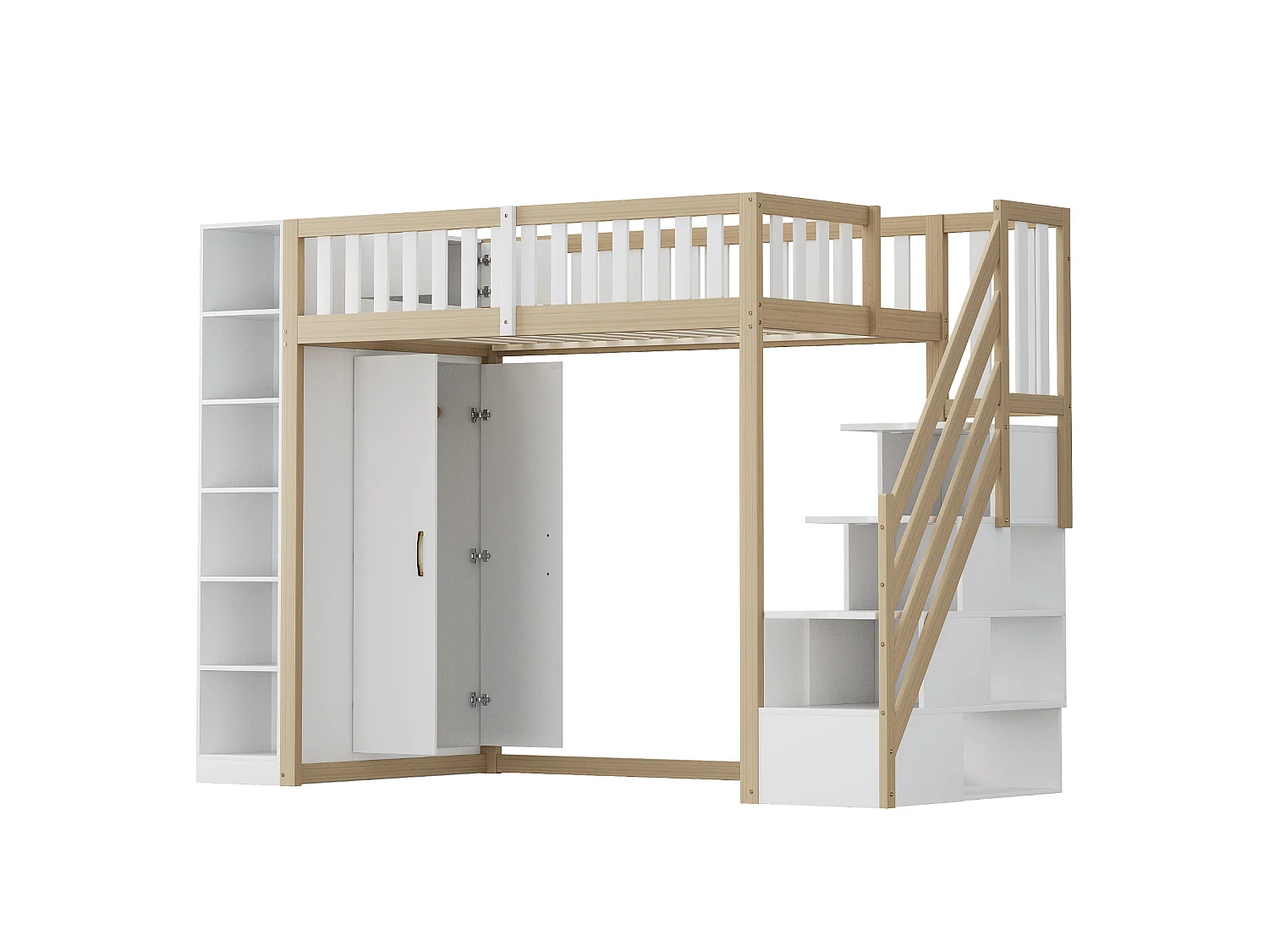 Hochbett 90 x 200 cm mit Kleiderschrank, Regalen und Fächern – Kiefernholz + Sperrholz + MDF – Weiß und Naturholz
