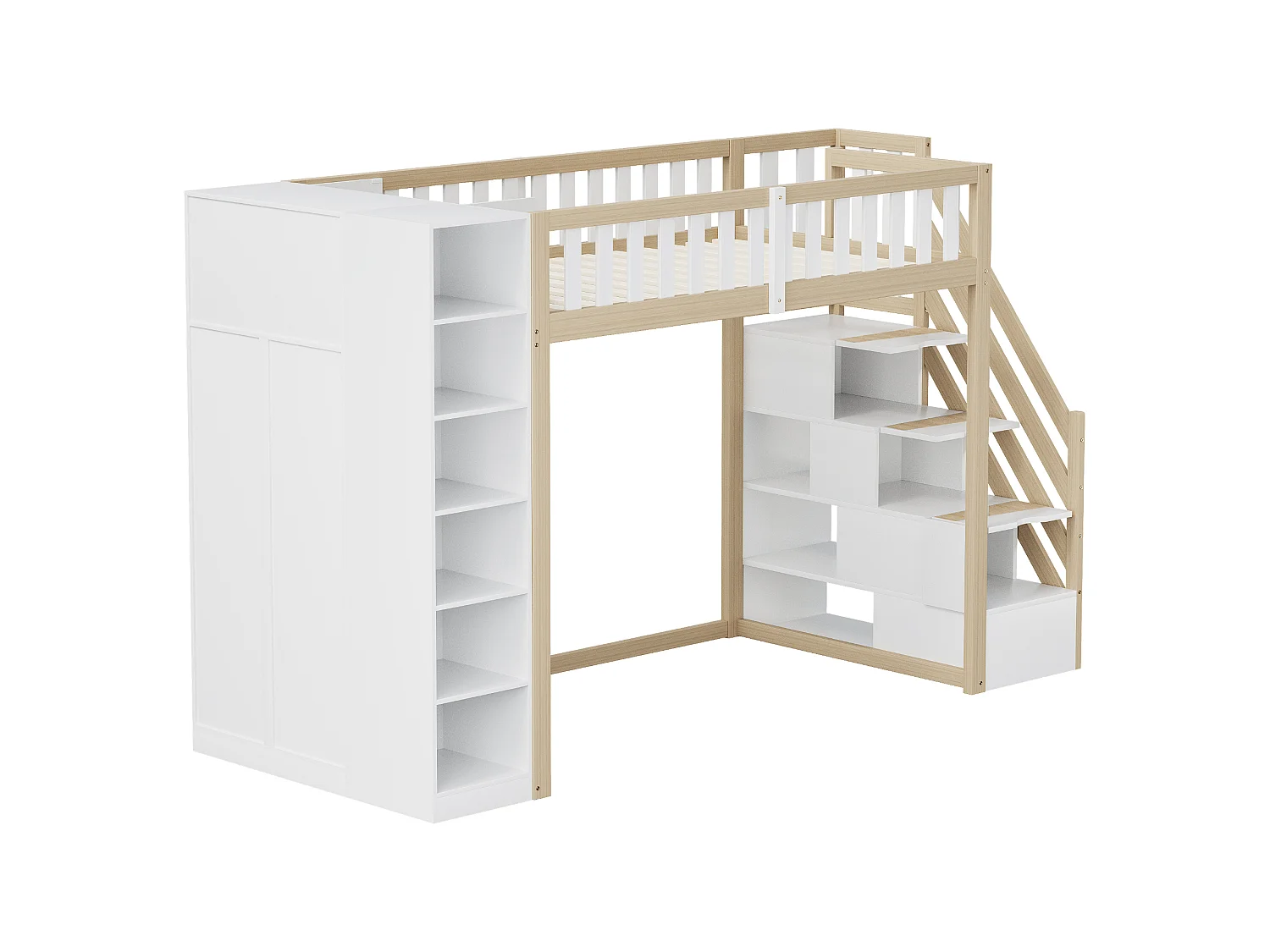 Hochbett 90 x 200 cm mit Kleiderschrank, Regalen und Fächern – Kiefernholz + Sperrholz + MDF – Weiß und Naturholz