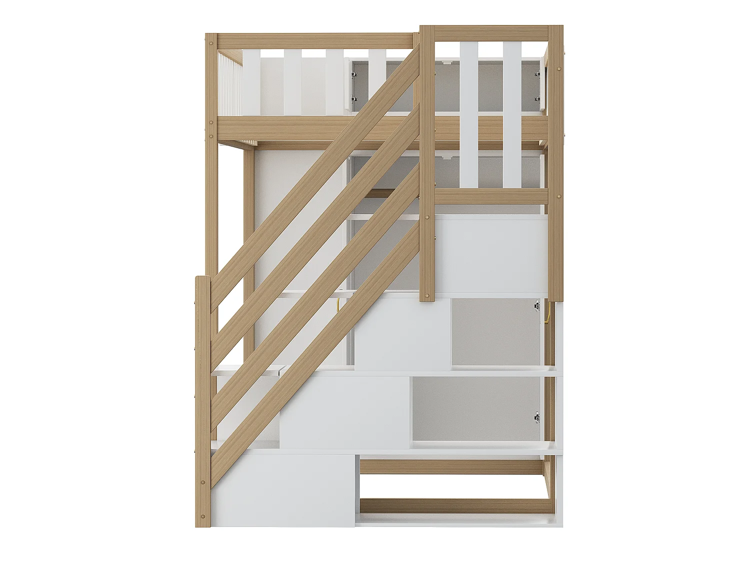 Hochbett 90 x 200 cm mit Kleiderschrank, Regalen und Fächern – Kiefernholz + Sperrholz + MDF – Weiß und Naturholz