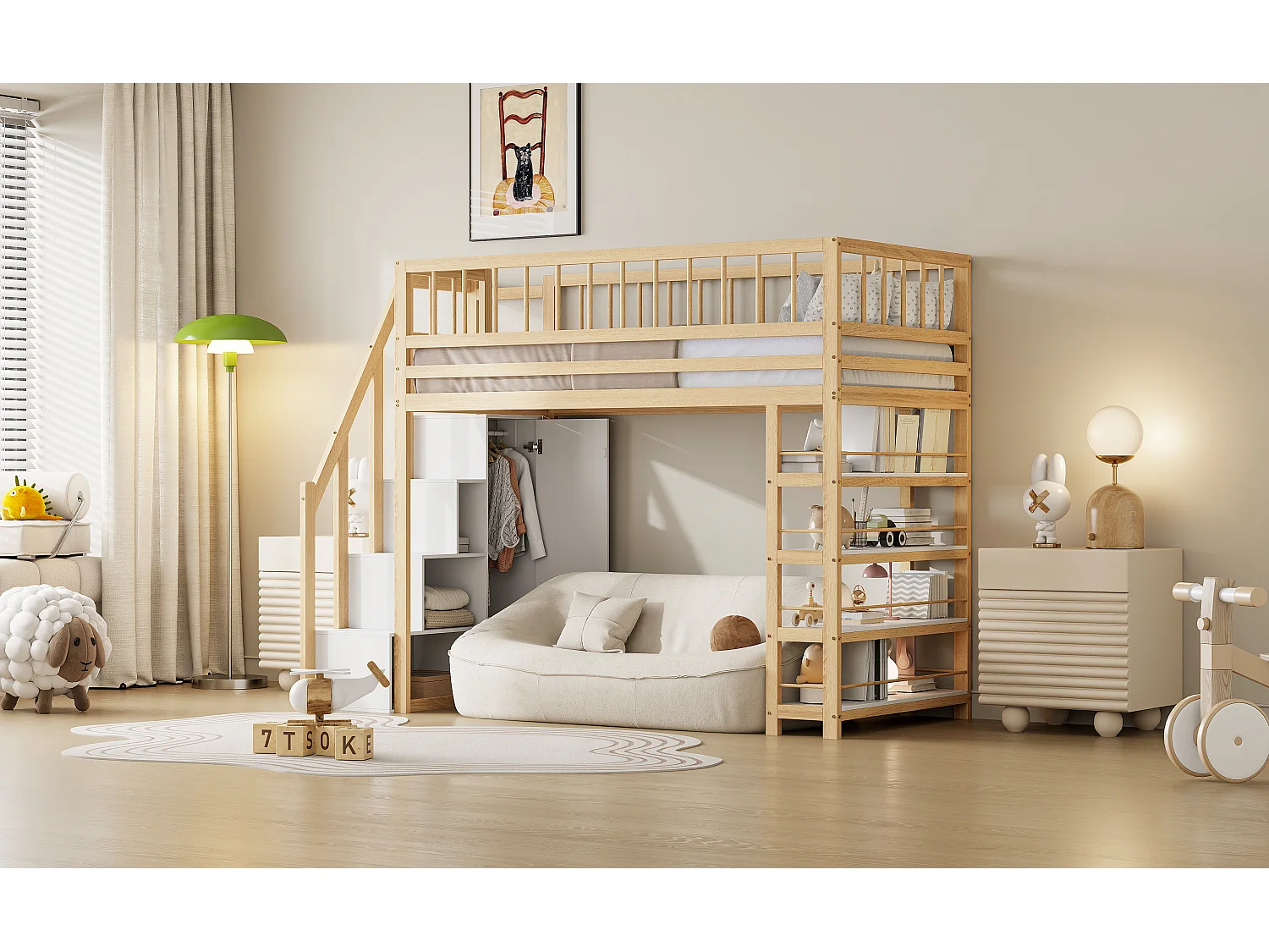 Lit mezzanine 90 x 200 cm avec penderie, étagères et 3 compartiments - Pin + contreplaqué + MDF - Coloris bois naturel