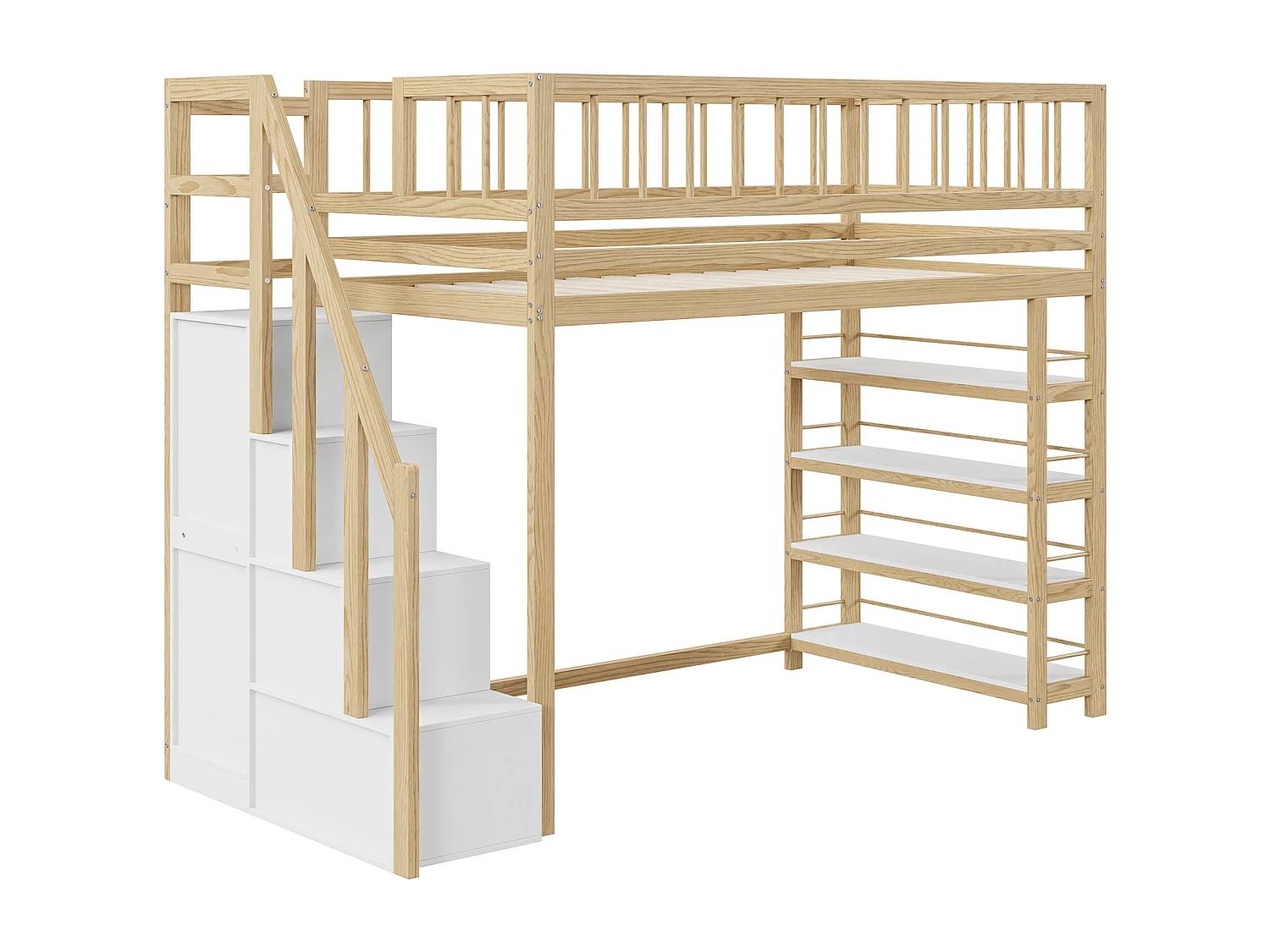 Lit mezzanine 90 x 200 cm avec penderie, étagères et 3 compartiments - Pin + contreplaqué + MDF - Coloris bois naturel