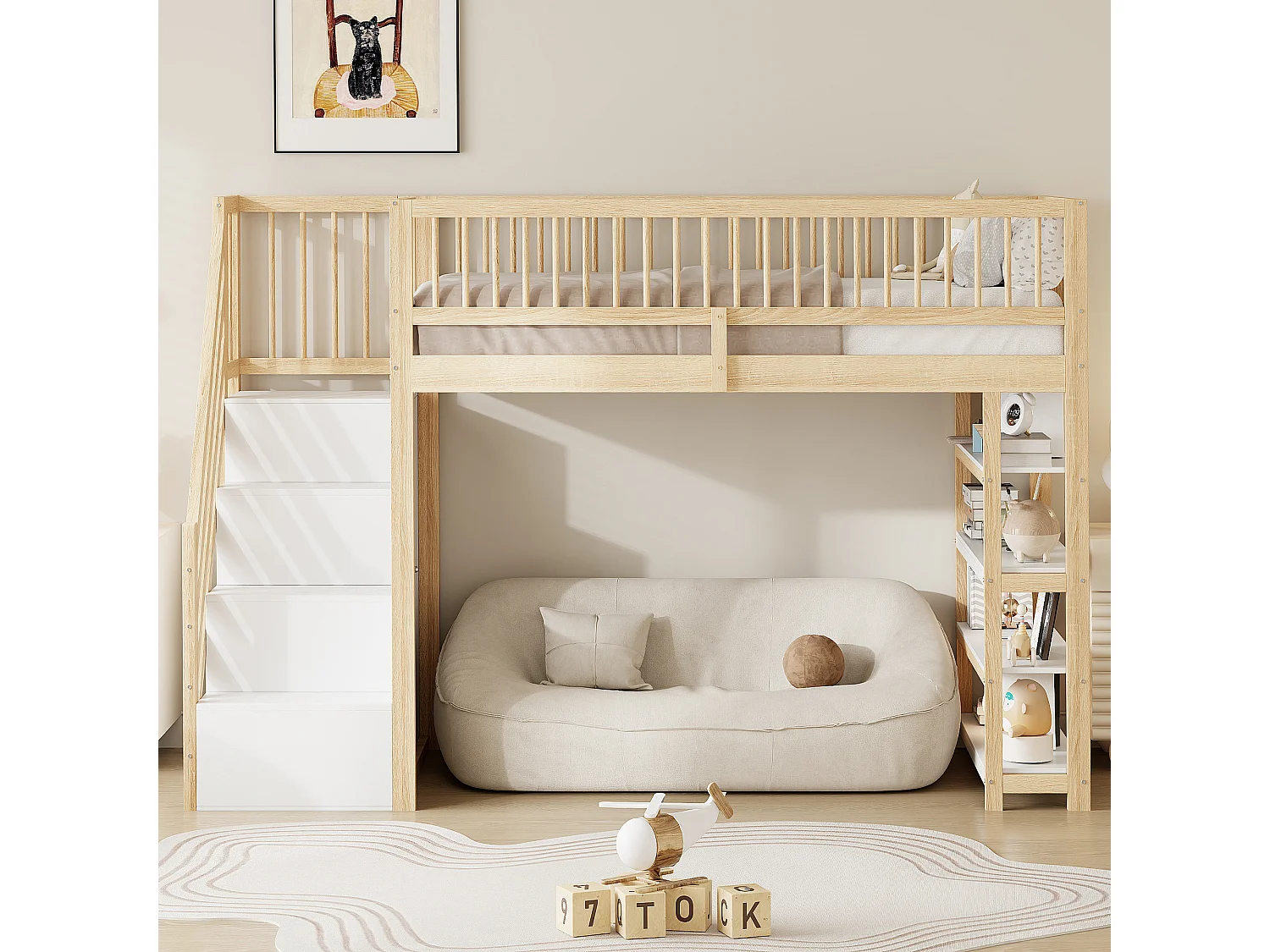 Mezzanine-Bett 90 x 200 cm mit Kleiderschrank, Regalen und 3 Fächern – Kiefer + Sperrholz + MDF – natürliche Holzfarbe