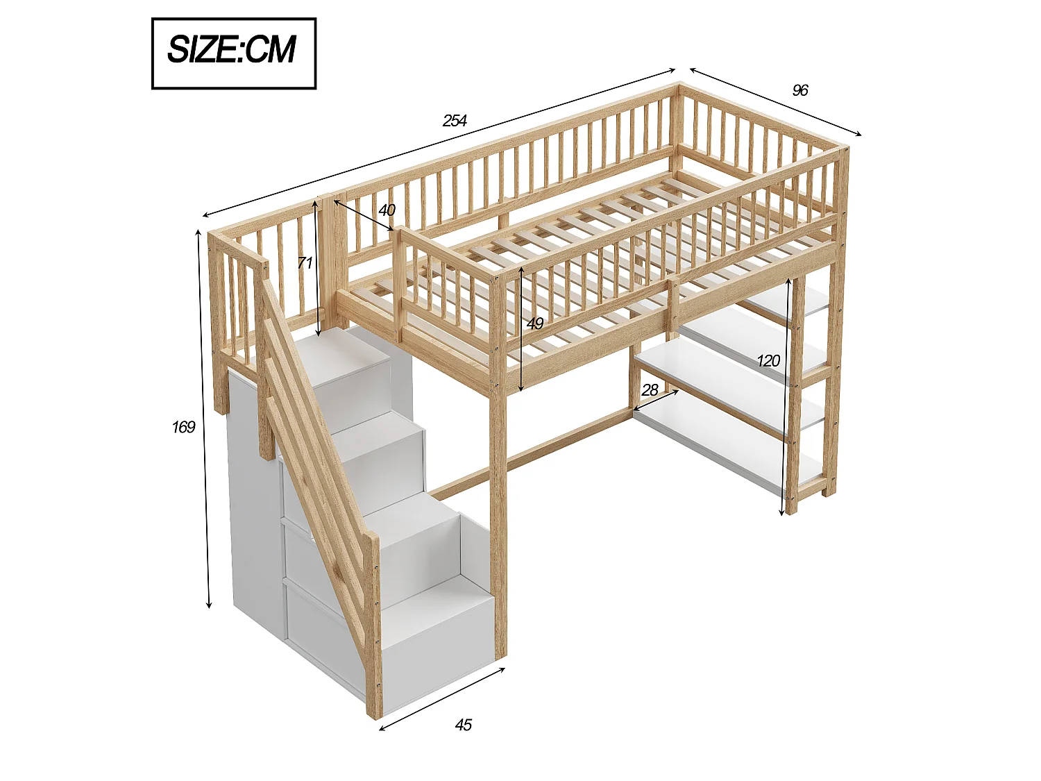 Mezzanine-Bett 90 x 200 cm mit Kleiderschrank, Regalen und 3 Fächern – Kiefer + Sperrholz + MDF – natürliche Holzfarbe