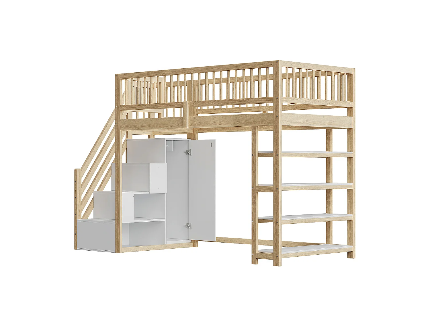 Mezzanine-Bett 90 x 200 cm mit Kleiderschrank, Regalen und 3 Fächern – Kiefer + Sperrholz + MDF – natürliche Holzfarbe