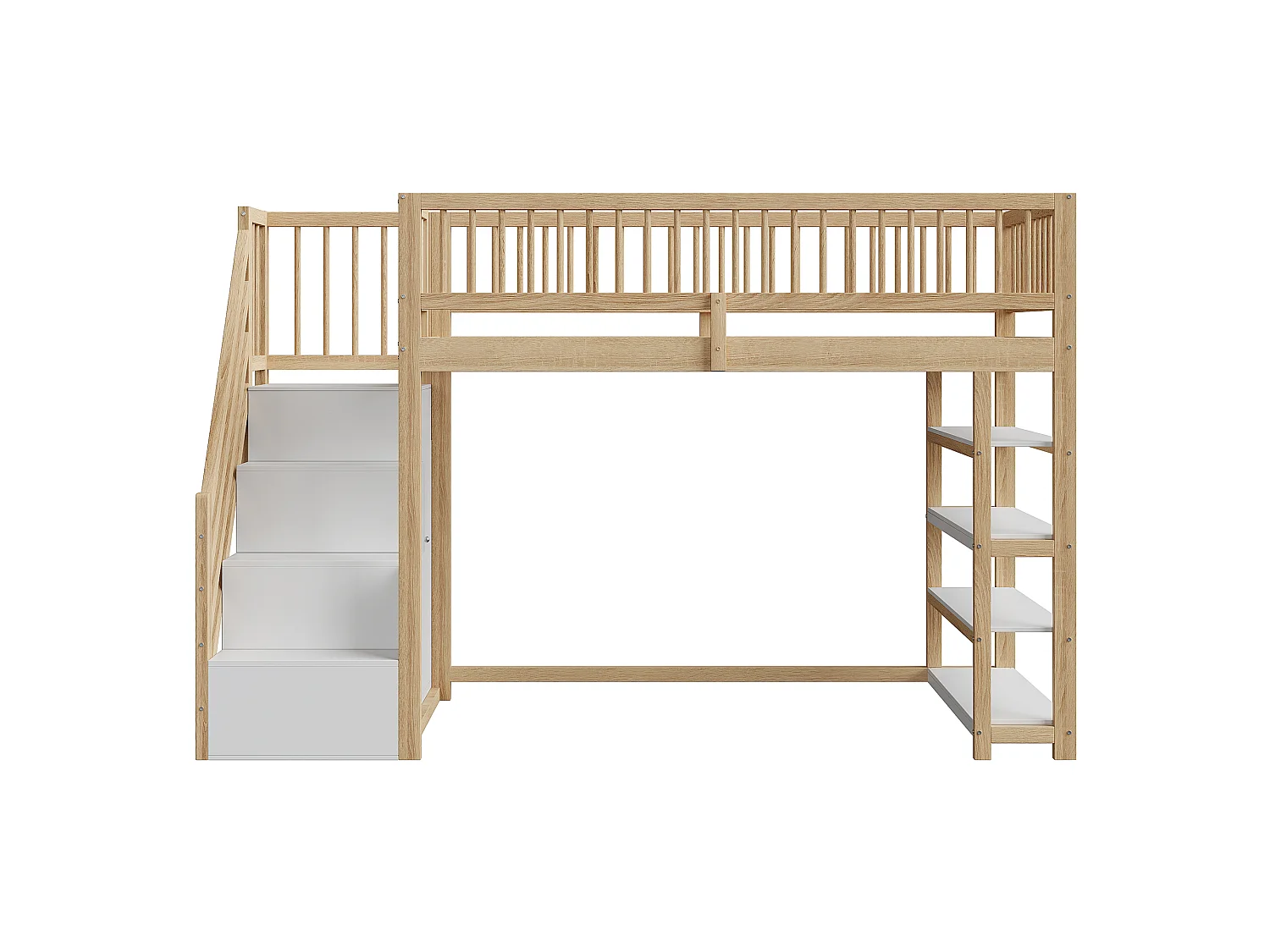 Mezzanine-Bett 90 x 200 cm mit Kleiderschrank, Regalen und 3 Fächern – Kiefer + Sperrholz + MDF – natürliche Holzfarbe