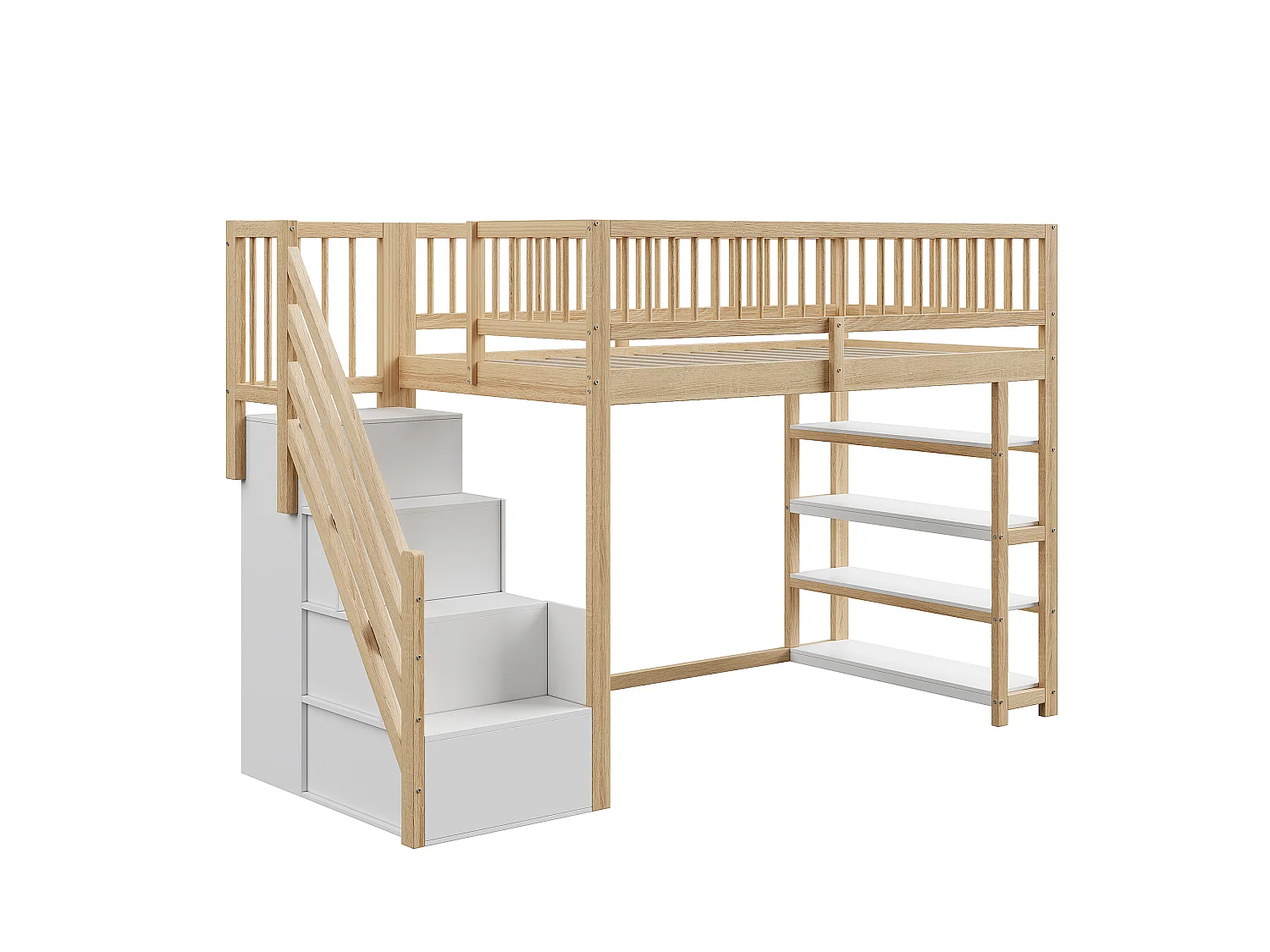 Mezzanine-Bett 90 x 200 cm mit Kleiderschrank, Regalen und 3 Fächern – Kiefer + Sperrholz + MDF – natürliche Holzfarbe