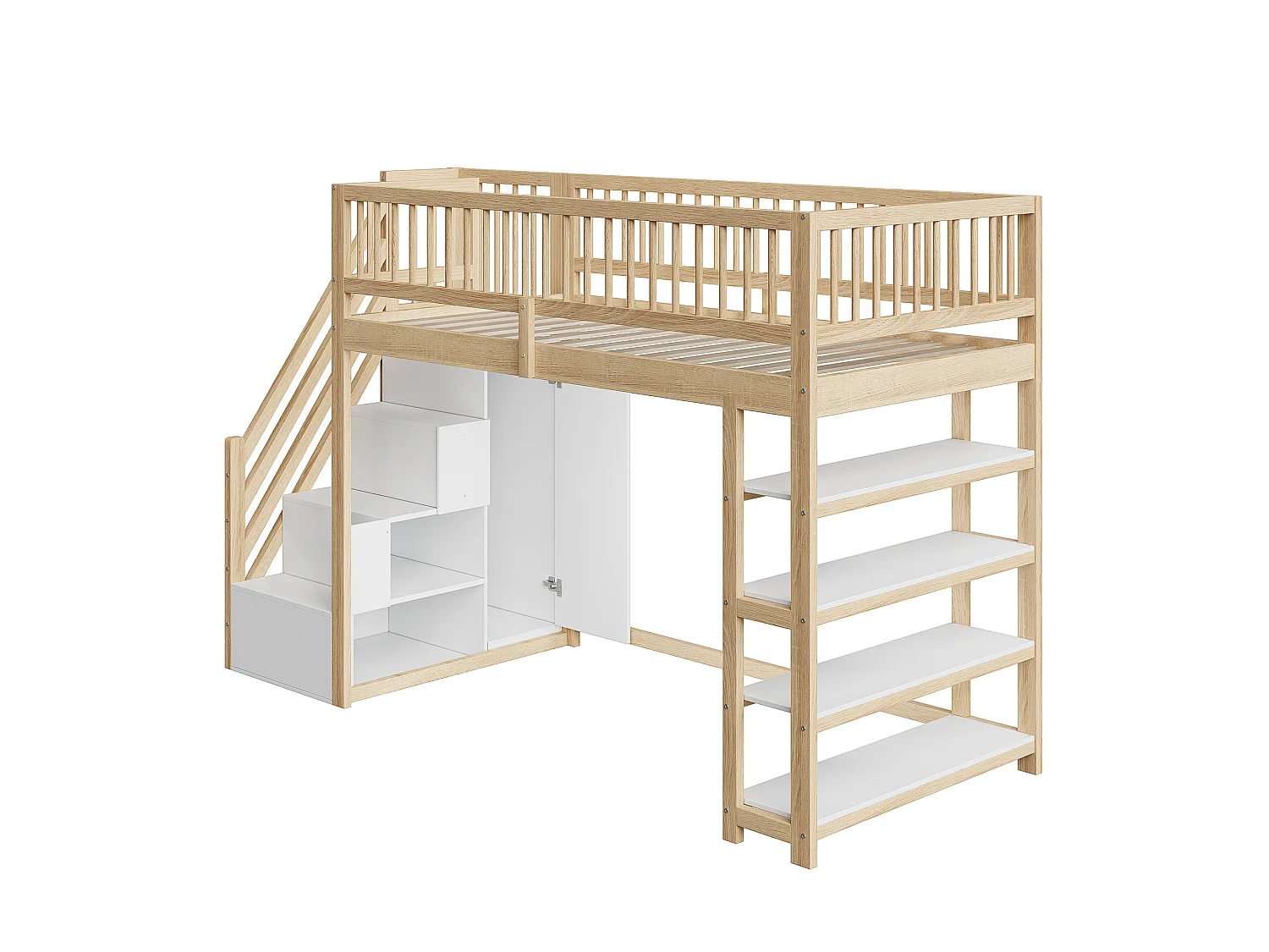Mezzanine-Bett 90 x 200 cm mit Kleiderschrank, Regalen und 3 Fächern – Kiefer + Sperrholz + MDF – natürliche Holzfarbe