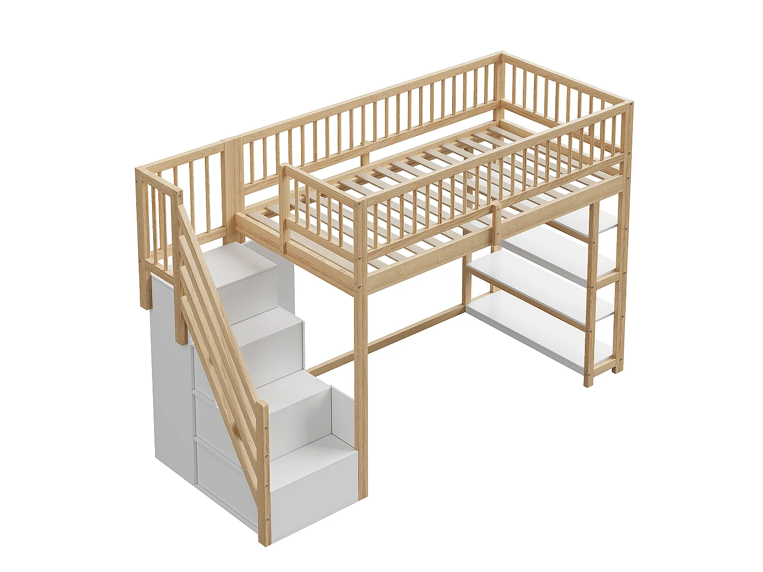 Mezzanine-Bett 90 x 200 cm mit Kleiderschrank, Regalen und 3 Fächern – Kiefer + Sperrholz + MDF – natürliche Holzfarbe