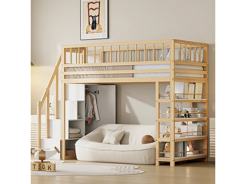 Lit mezzanine 90 x 200 cm avec penderie, étagères et 3 compartiments - Pin + contreplaqué + MDF - Coloris bois naturel