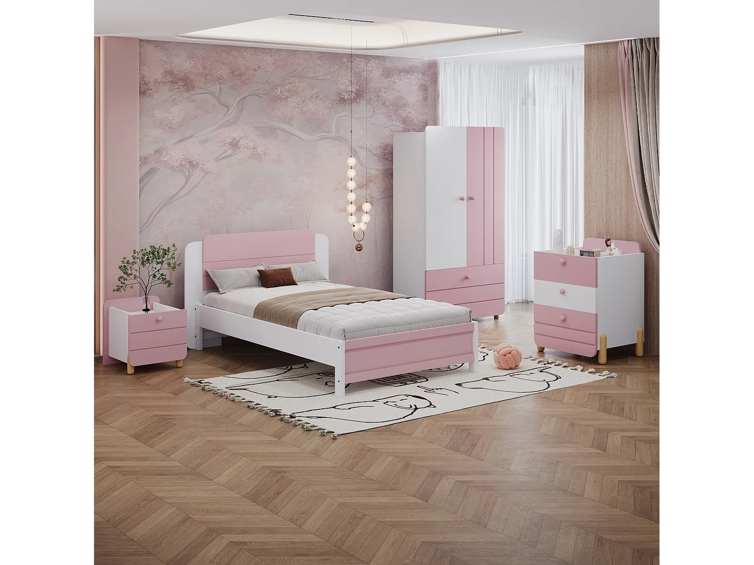 Juego de cama con mesita de noche 90 x 200 cm + Somier + Cómoda + Armario - Color: Rosa