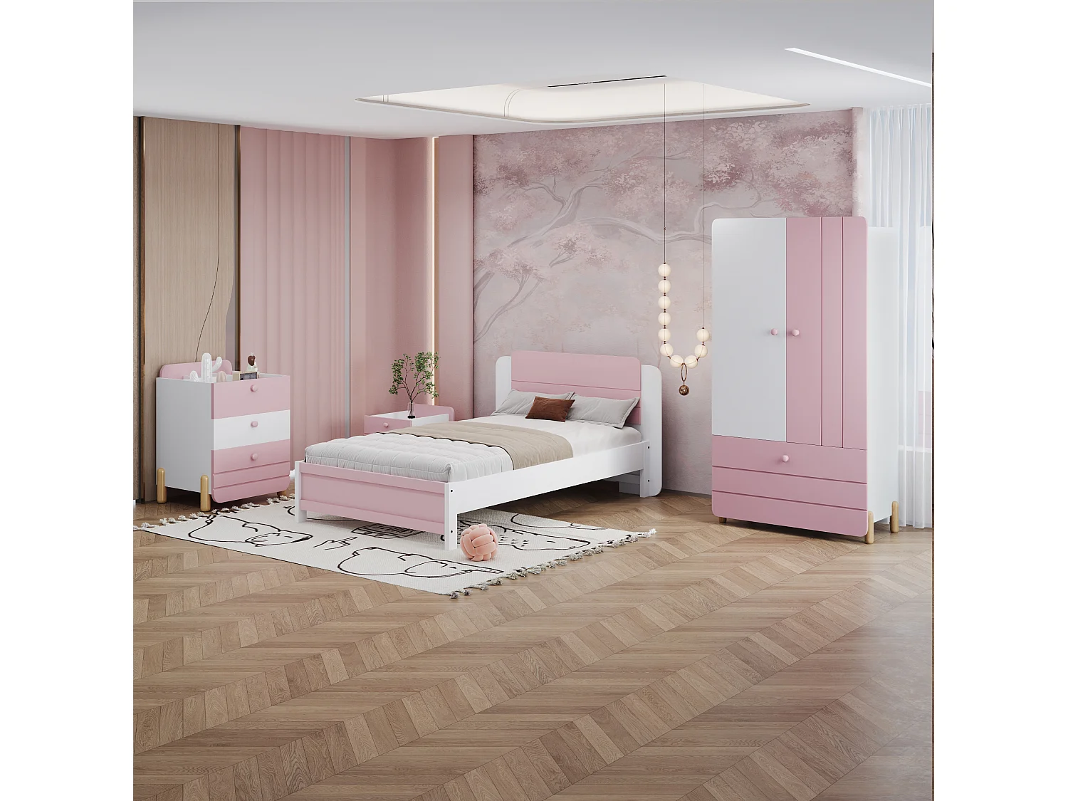 Juego de cama con mesita de noche 90 x 200 cm + Somier + Cómoda + Armario - Color: Rosa