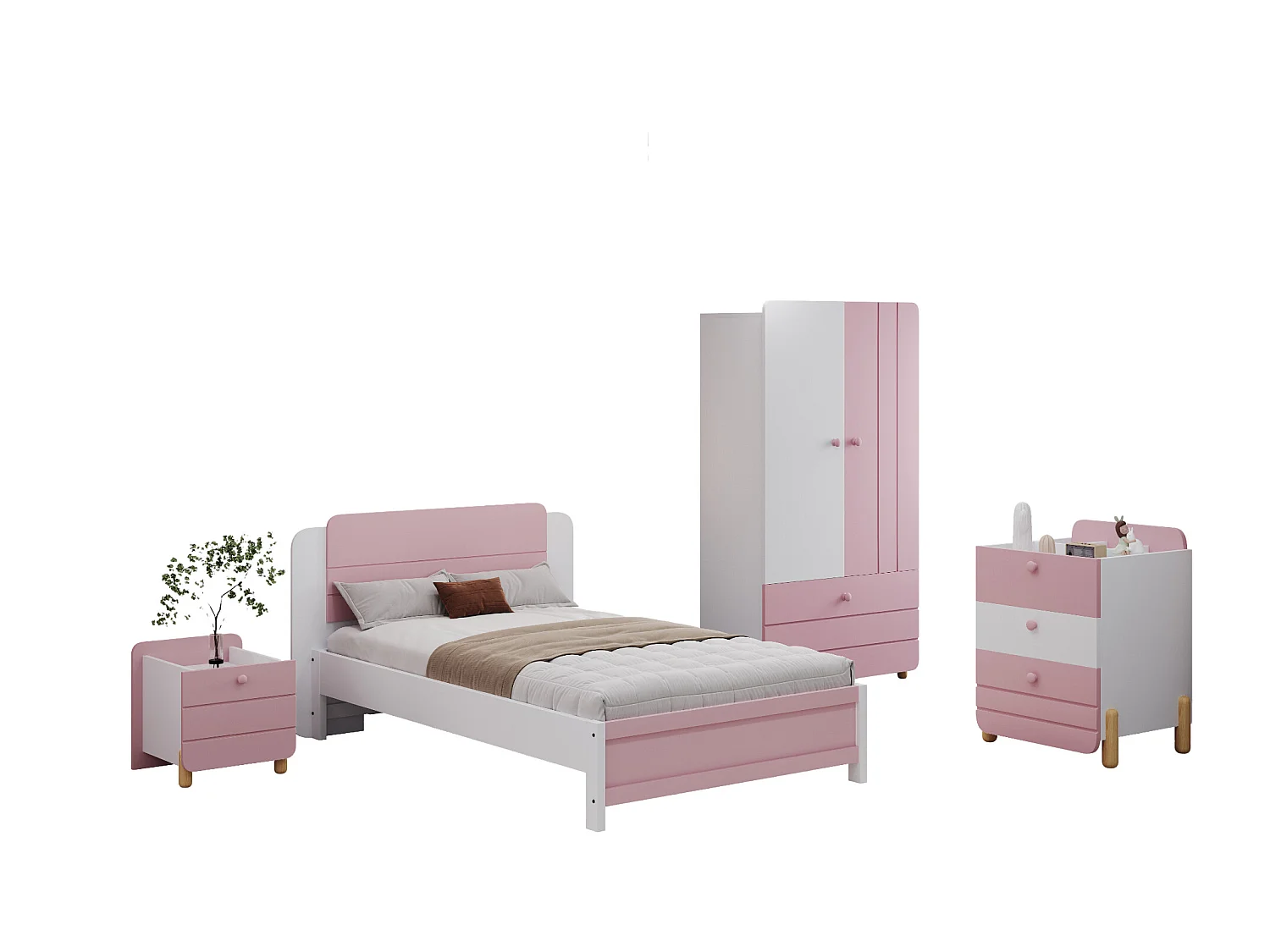 Juego de cama con mesita de noche 90 x 200 cm + Somier + Cómoda + Armario - Color: Rosa