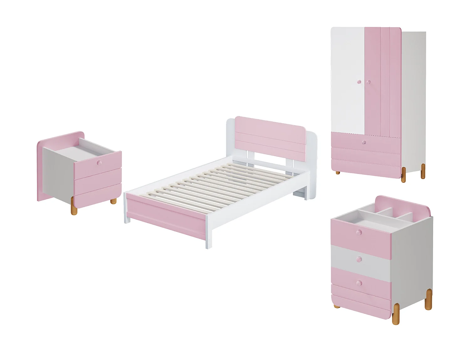 Juego de cama con mesita de noche 90 x 200 cm + Somier + Cómoda + Armario - Color: Rosa