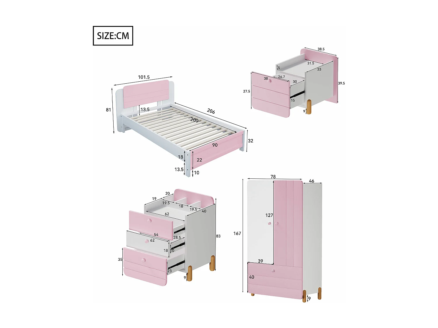 Juego de cama con mesita de noche 90 x 200 cm + Somier + Cómoda + Armario - Color: Rosa