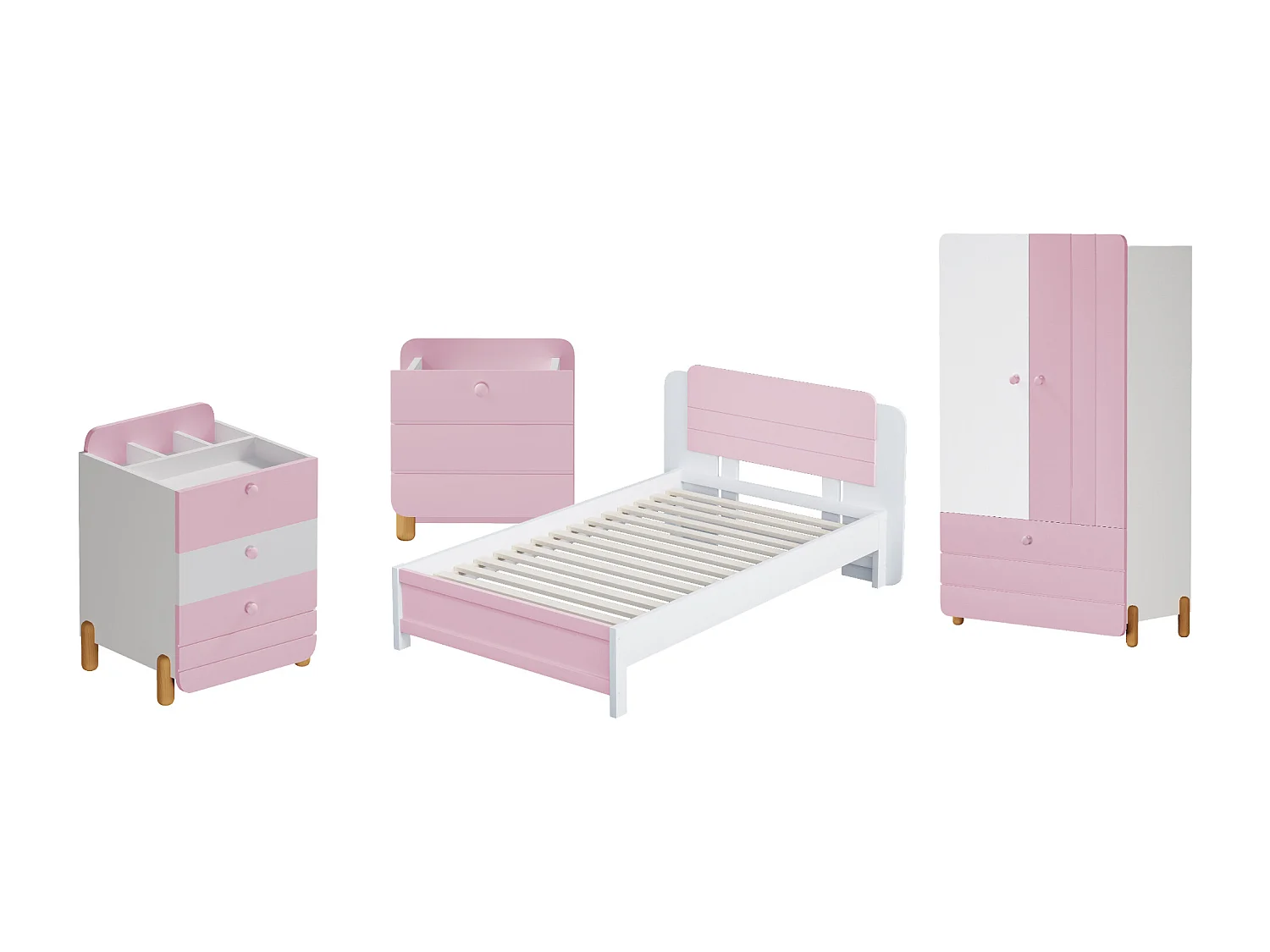 Juego de cama con mesita de noche 90 x 200 cm + Somier + Cómoda + Armario - Color: Rosa