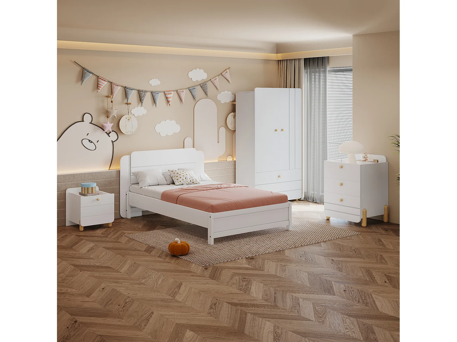 Bedset met nachtkastje 90 x 200 cm + Boxspring + Ladekast + Kledingkast - Kleur: Wit