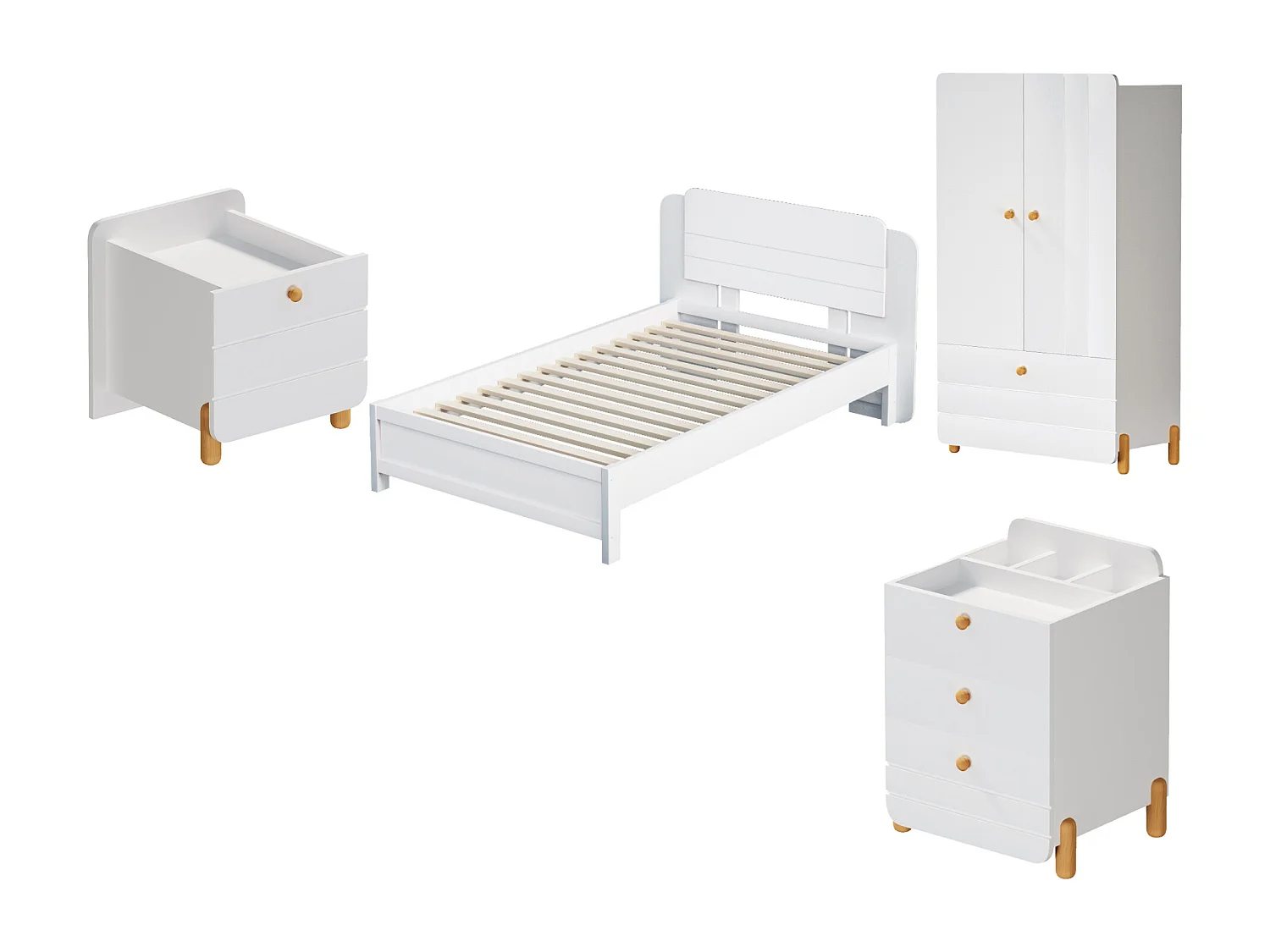 Bedset met nachtkastje 90 x 200 cm + Boxspring + Ladekast + Kledingkast - Kleur: Wit