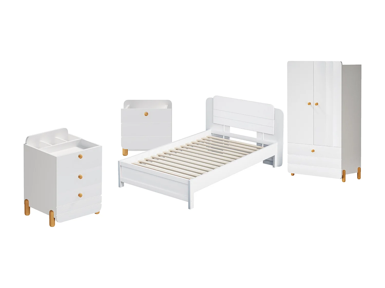 Bedset met nachtkastje 90 x 200 cm + Boxspring + Ladekast + Kledingkast - Kleur: Wit