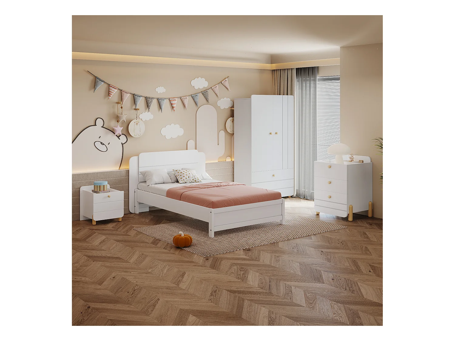 Bedset met nachtkastje 90 x 200 cm + Boxspring + Ladekast + Kledingkast - Kleur: Wit