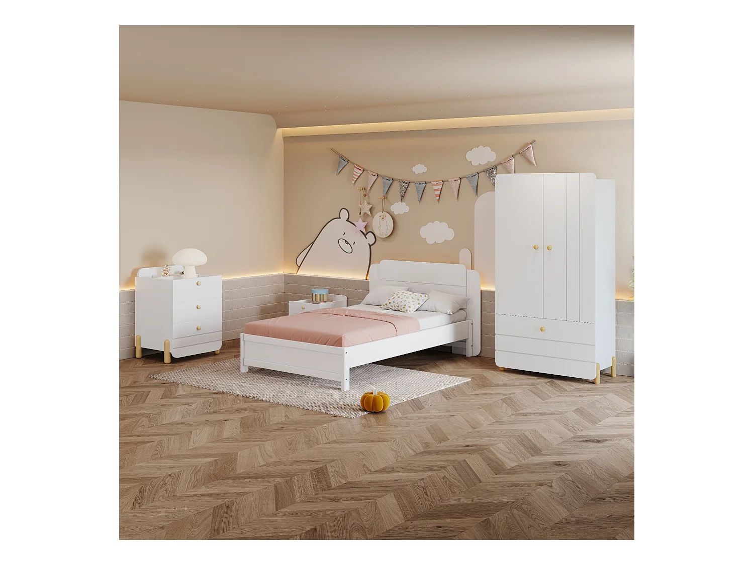 Ensemble lit avec chevet 90 x 200 cm + Sommier + Commode + Armoire - Pin + contreplaqué + MDF - Blanc