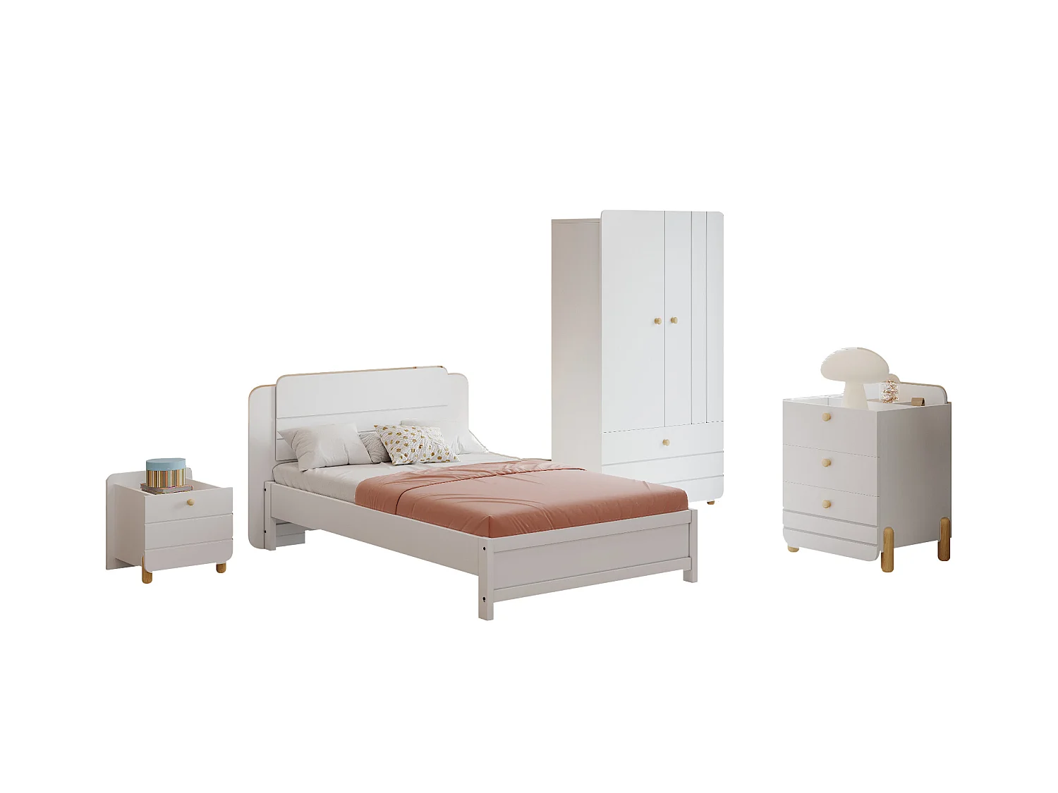 Ensemble lit avec chevet 90 x 200 cm + Sommier + Commode + Armoire - Pin + contreplaqué + MDF - Blanc