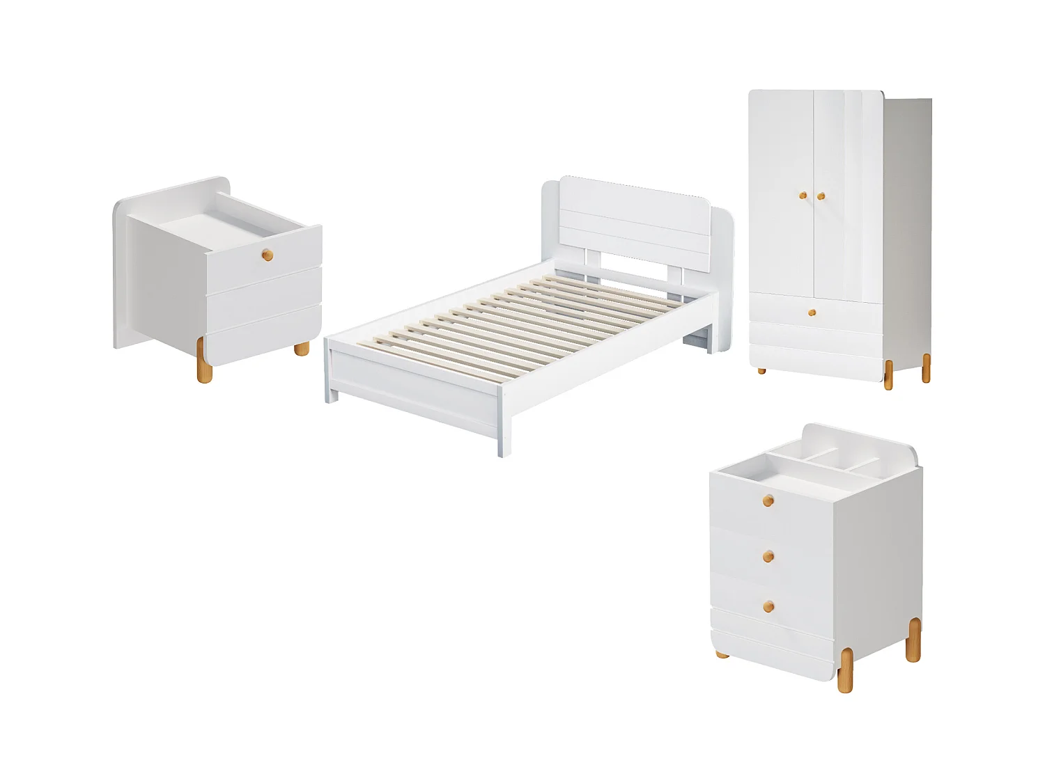 Ensemble lit avec chevet 90 x 200 cm + Sommier + Commode + Armoire - Pin + contreplaqué + MDF - Blanc