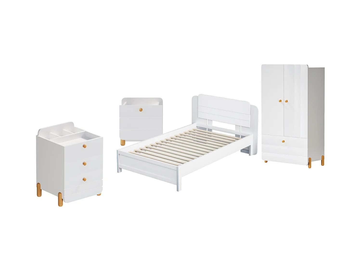 Ensemble lit avec chevet 90 x 200 cm + Sommier + Commode + Armoire - Pin + contreplaqué + MDF - Blanc