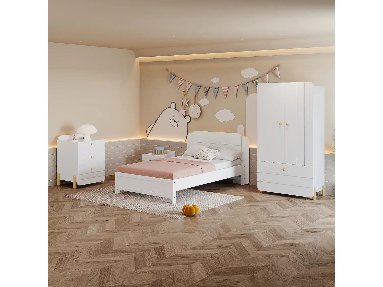 Bedset met nachtkastje 90 x 200 cm + Boxspring + Ladekast + Kledingkast - Kleur: Wit