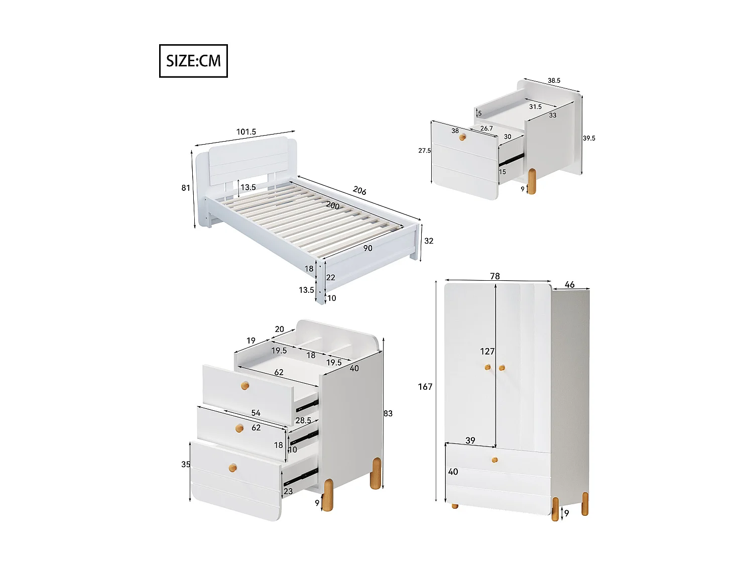 Bedset met nachtkastje 90 x 200 cm + Boxspring + Ladekast + Kledingkast - Kleur: Wit