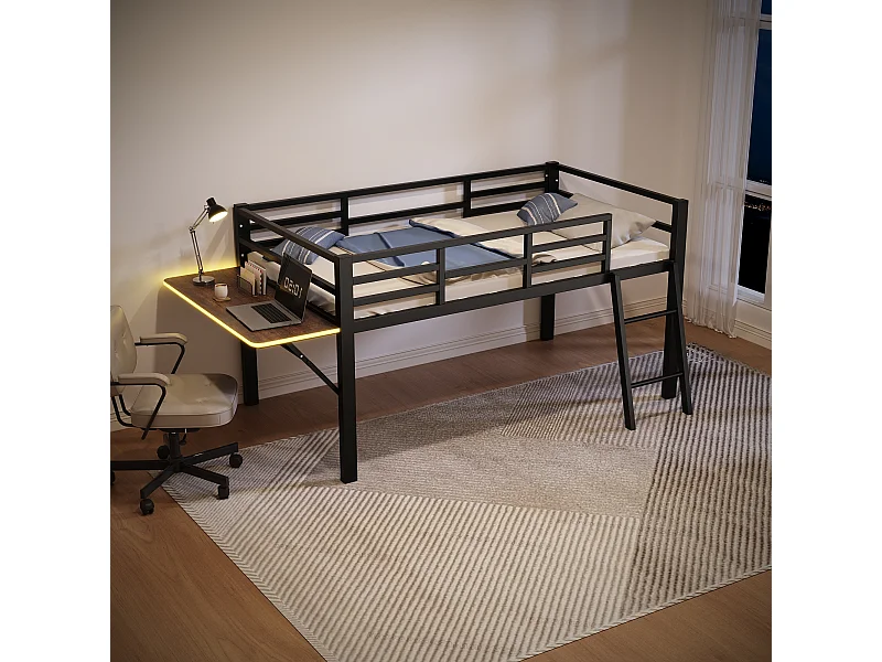 Lit mi-hauteur 90 x 200 cm avec bureau et échelle - Métal - LEDs - Sommier à lattes - Noir (Sans matelas)