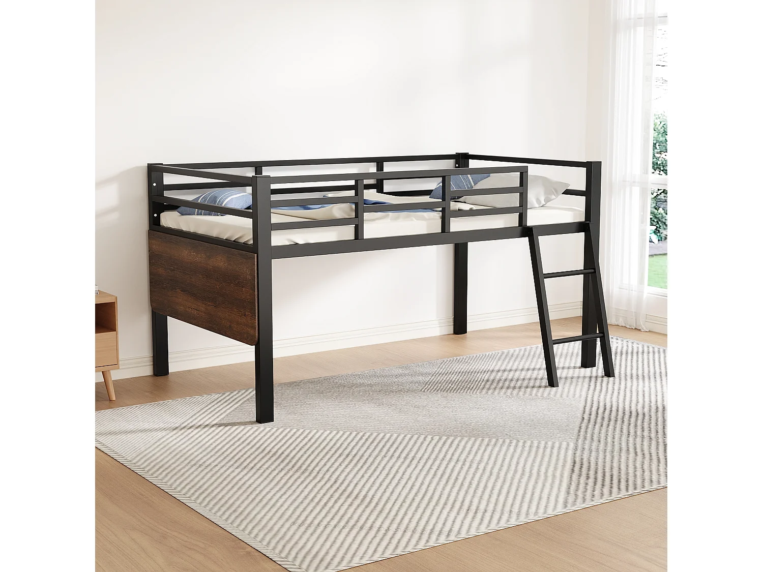 Halfhoog bed 90 x 200 cm met bureau en ladder - Metaal - LED's - Lattenbodem - Zwart (Zonder matras)