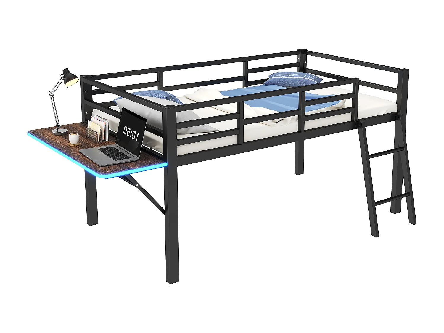 Halfhoog bed 90 x 200 cm met bureau en ladder - Metaal - LED's - Lattenbodem - Zwart (Zonder matras)