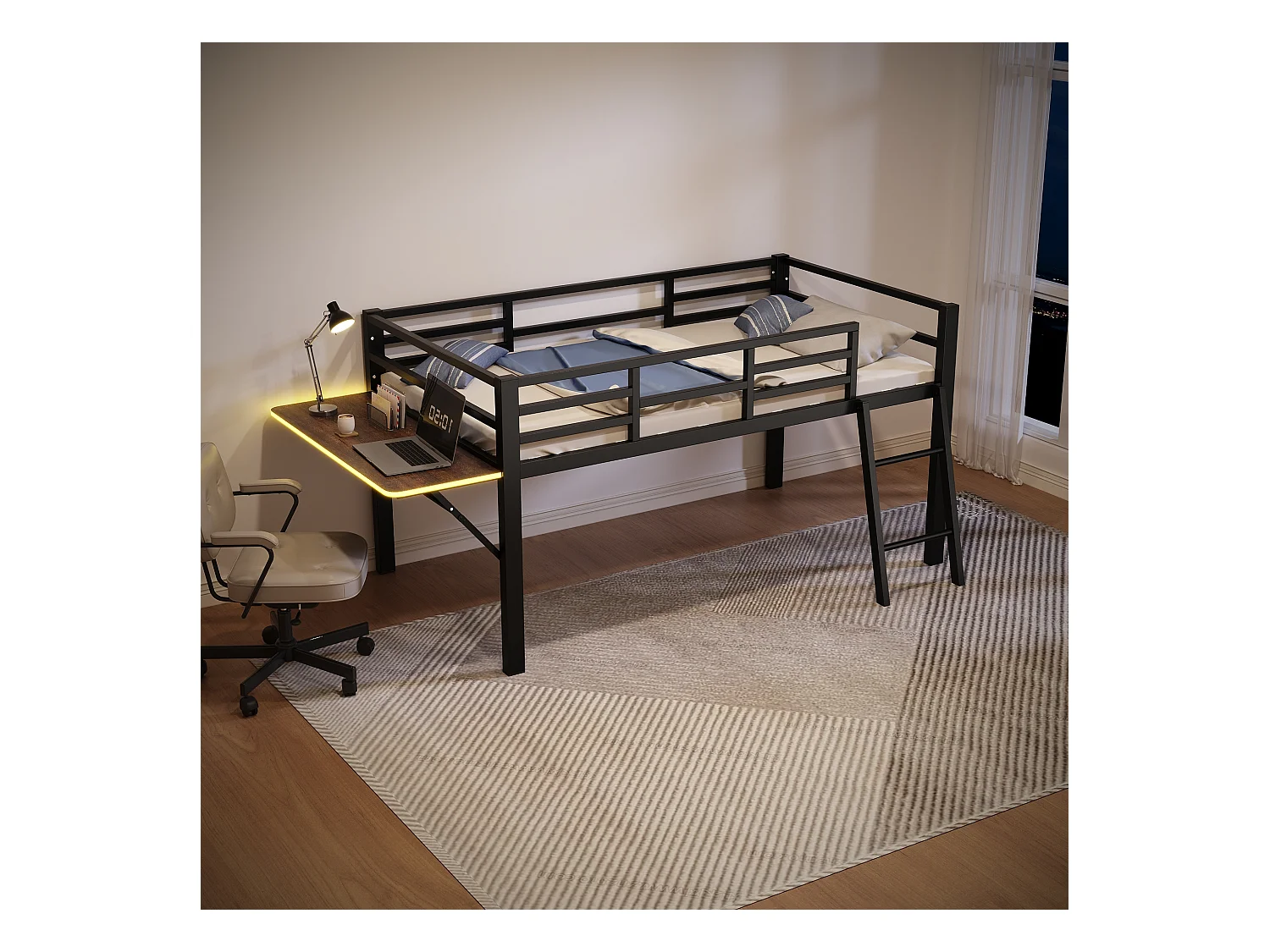 Lit mi-hauteur 90 x 200 cm avec bureau et échelle - Métal - LEDs - Sommier à lattes - Noir (Sans matelas)