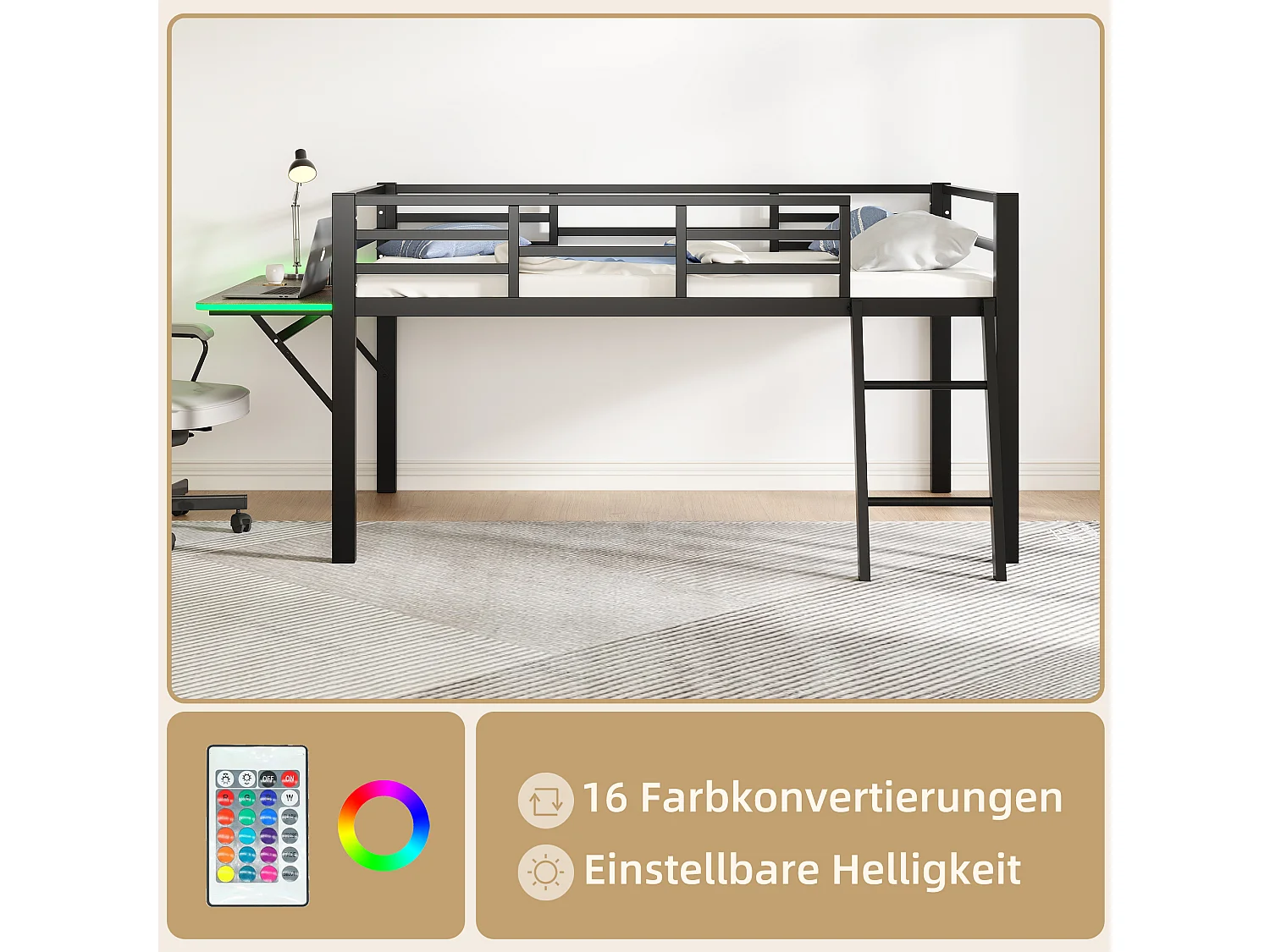 Lit mi-hauteur 90 x 200 cm avec bureau et échelle - Métal - LEDs - Sommier à lattes - Noir (Sans matelas)