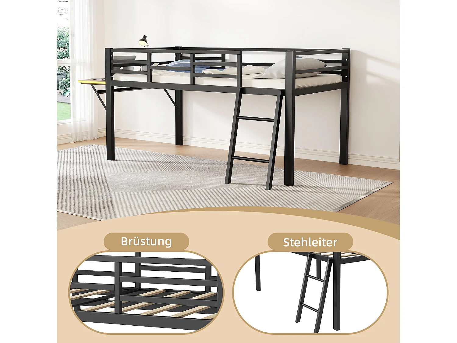 Lit mi-hauteur 90 x 200 cm avec bureau et échelle - Métal - LEDs - Sommier à lattes - Noir (Sans matelas)