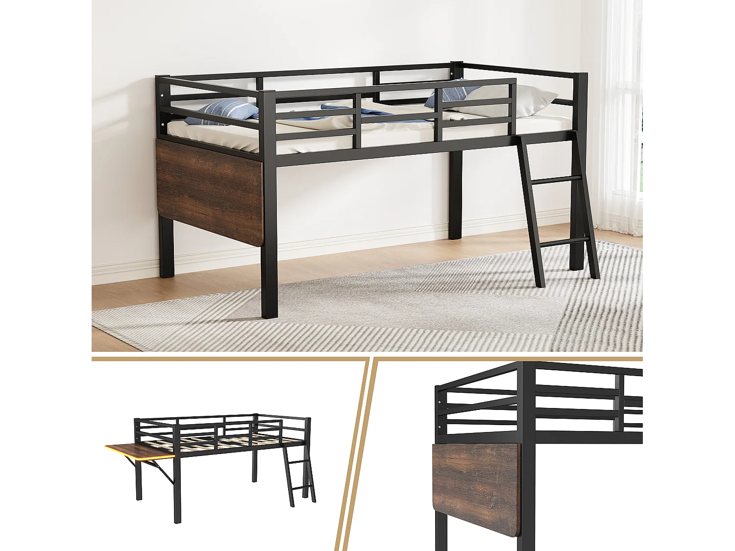 Lit mi-hauteur 90 x 200 cm avec bureau et échelle - Métal - LEDs - Sommier à lattes - Noir (Sans matelas)