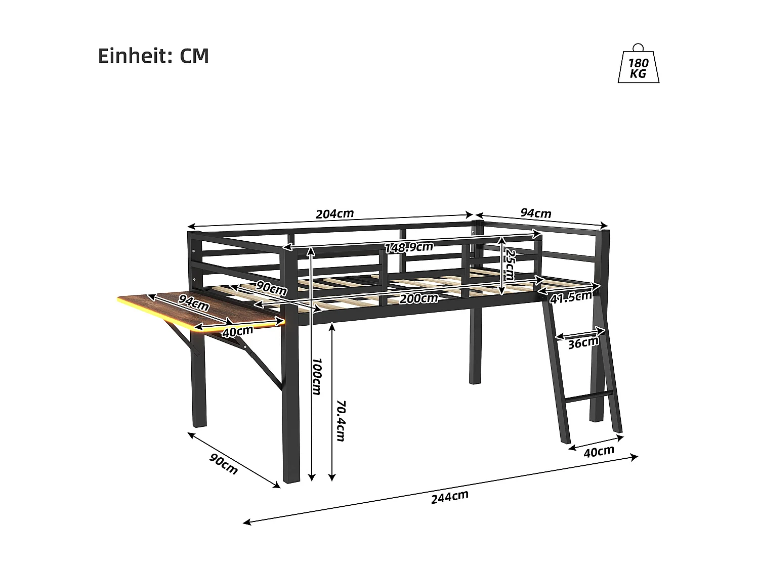 Lit mi-hauteur 90 x 200 cm avec bureau et échelle - Métal - LEDs - Sommier à lattes - Noir (Sans matelas)