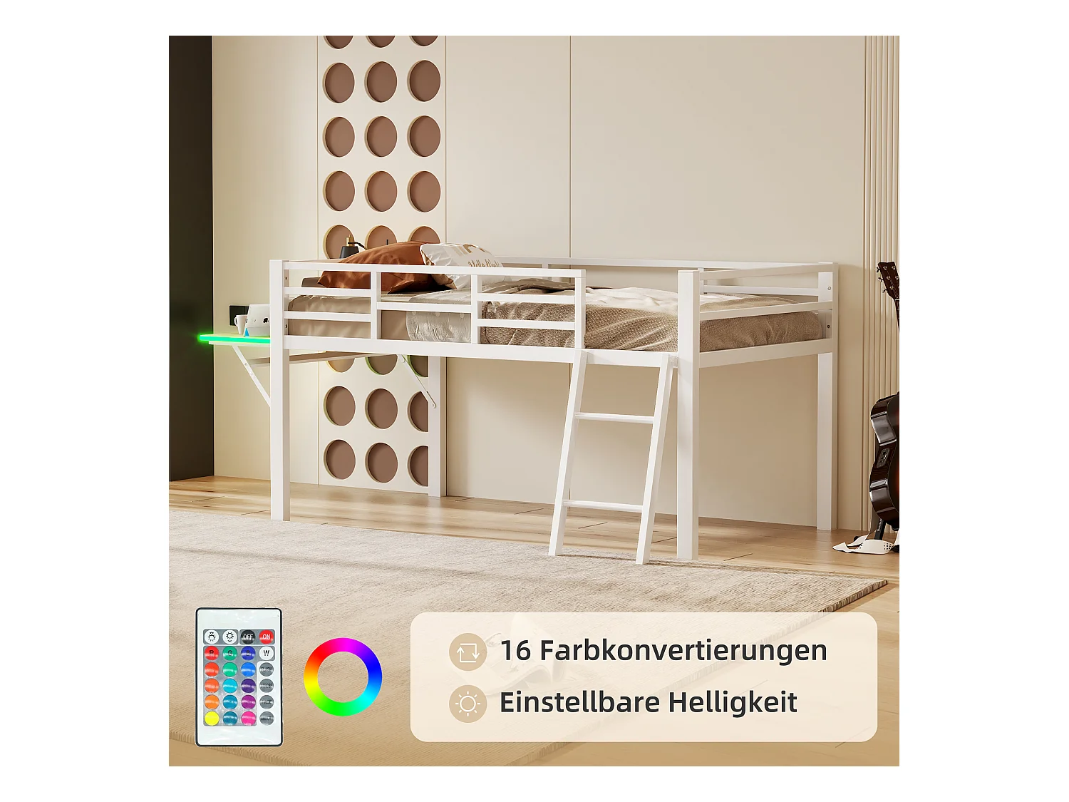 Halfhoog bed 90 x 200 cm met bureau en ladder - Metaal - LED's - Lattenbodem - Wit (Zonder matras)