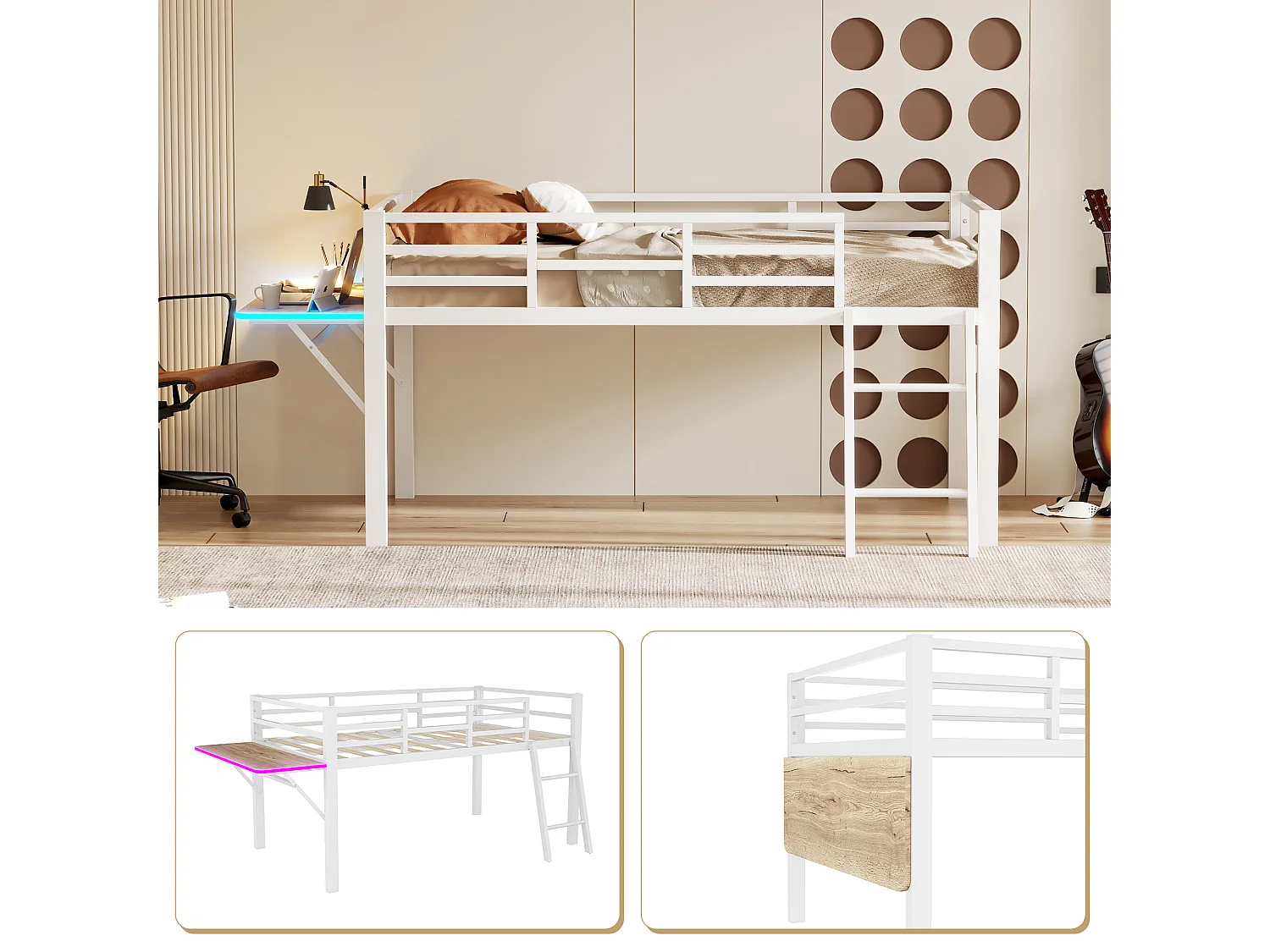 Halfhoog bed 90 x 200 cm met bureau en ladder - Metaal - LED's - Lattenbodem - Wit (Zonder matras)